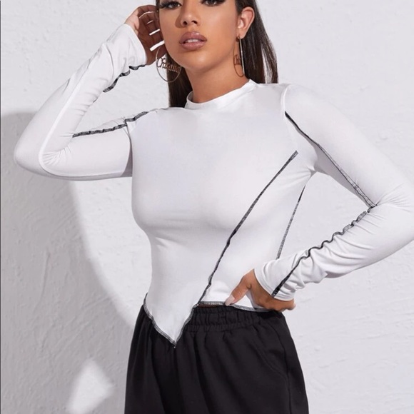 SHEIN long sleeve white asymmetrical top with black piping - Picture 3 of 6